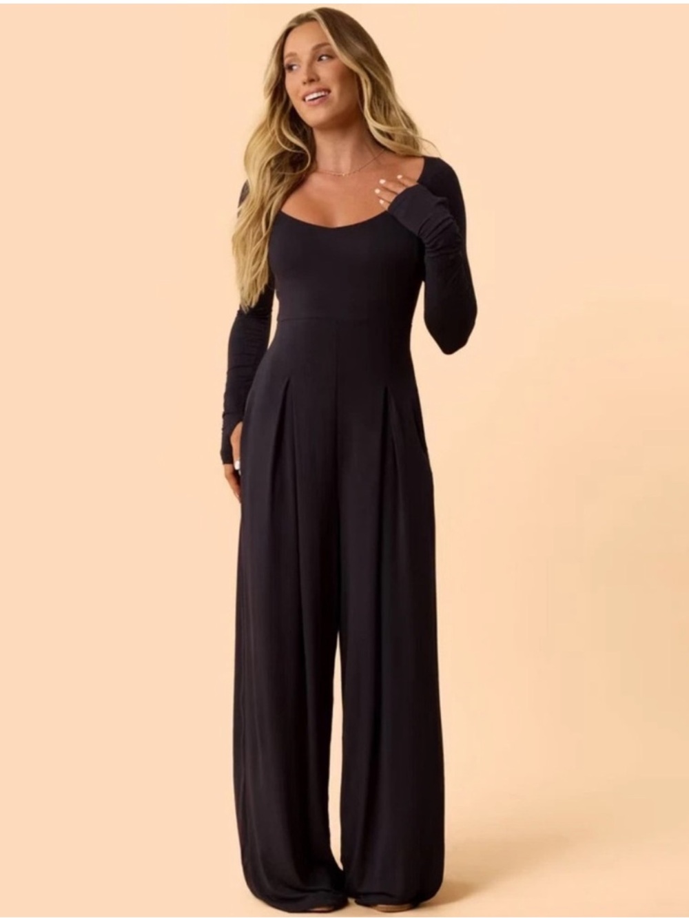 Blogilates Women's Black V-Neck Long Sleeve Wide-Leg Jumpsuit